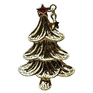 Vintage AAI Christmas Tree Brooch Pin Gold Tone With Red Gem Star Layered